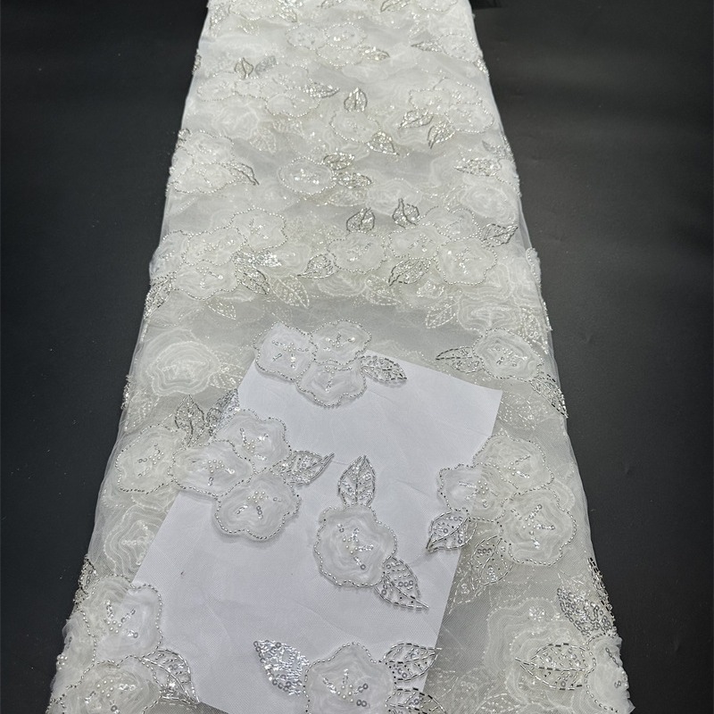 Fábrica de flores en stock sequinilla tela bordada tridimensional transpirable hueco hermoso vestido de boda vestido de moda vestido ligero image 1