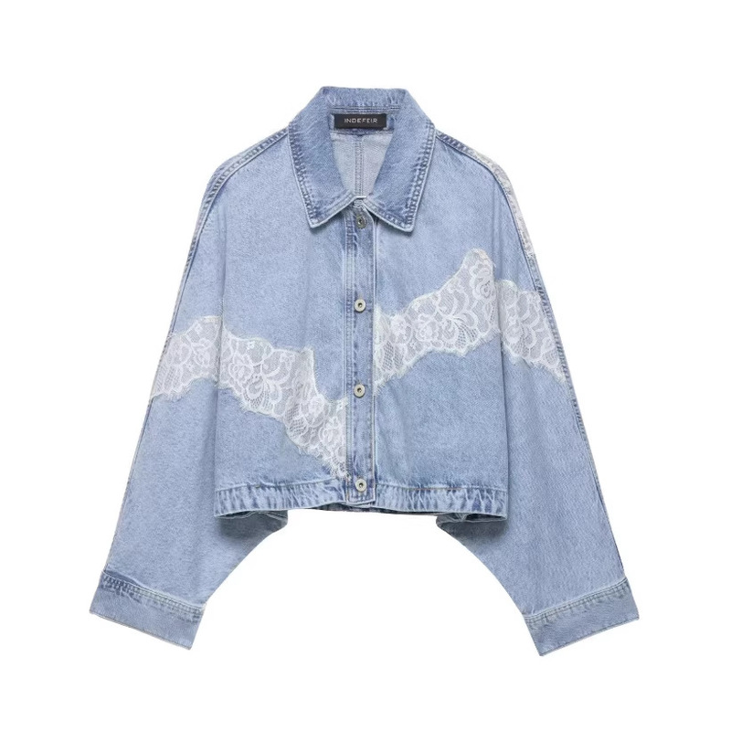 Taop&Za Spring and Summer New Women's Casual Fashion Lace Splicing Short Denim Jacket and Pants Set