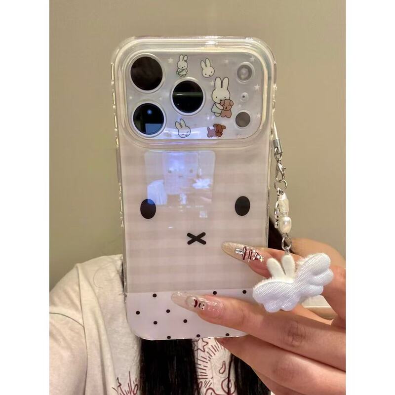 Checkered Pattern with White Polka Dots and Miffy Rabbit Expression Suitable for iPhone 17 Pro Max Apple 16P Phone Case for Women
