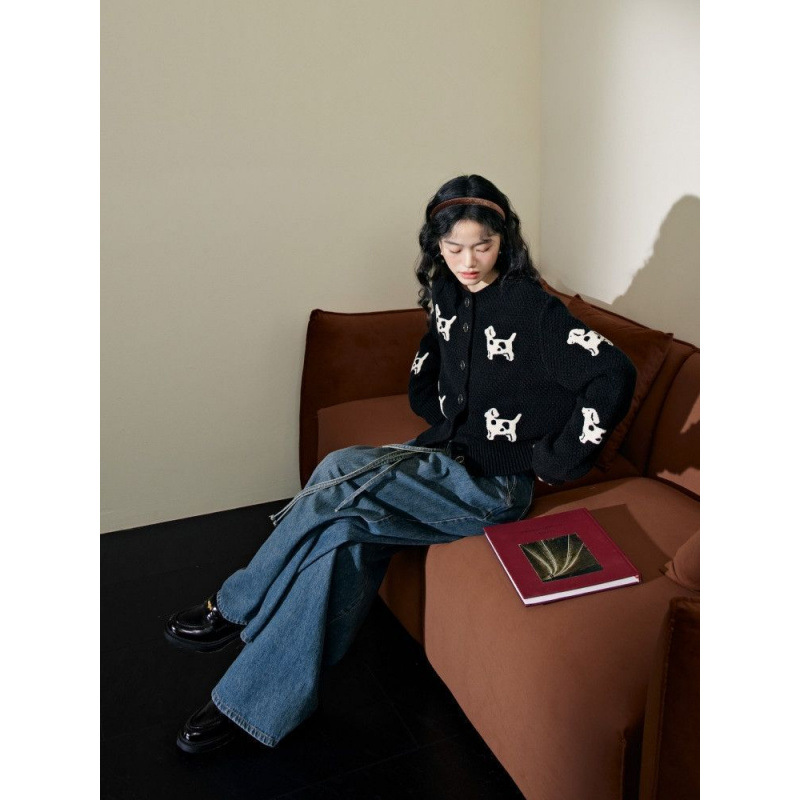 와이드 컬러 블랙 강아지 카디건 여성의 2024 년 새로운 가을과 겨울 내부 니트 스웨터 쇼트 코트 탑