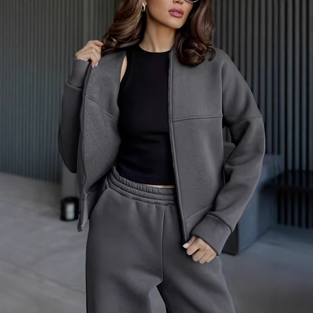 Zweiteiliges Damen-Sportswear-Set im europäischen und amerikanischen Stil, einfarbig, bestehend aus Jacke und Hose mit geradem Bein, für den Sommer_voghion.com