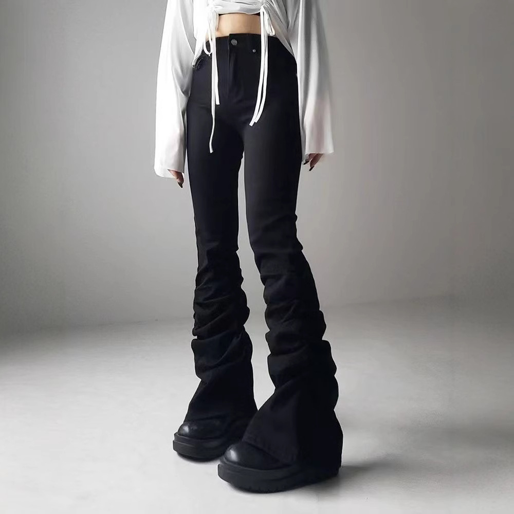 美式街拍高腰褶皱下摆堆堆牛仔裤女微喇直筒拖地裤显瘦修身长裤