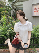 韩版甜美风宽松短袖上衣2024女夏季风琴褶皱娃娃领泡泡袖衬衫T恤