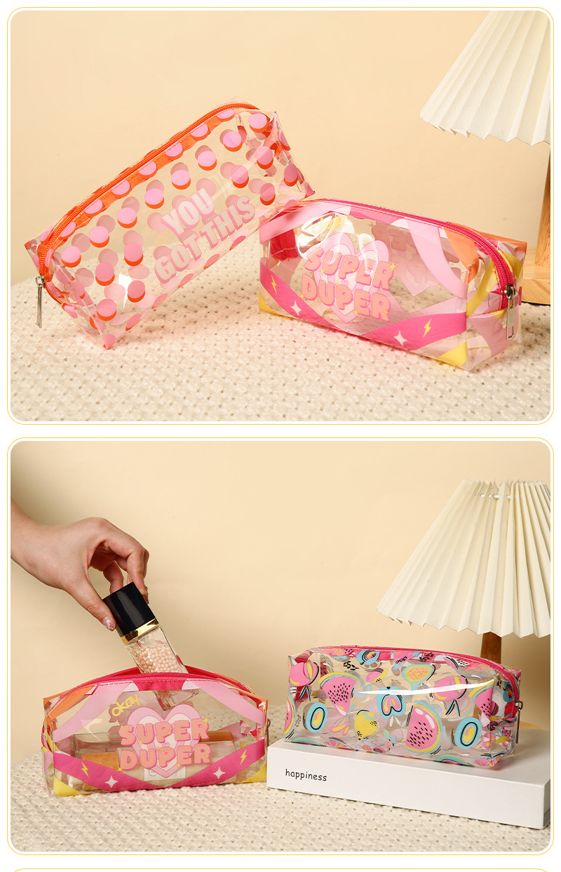 75g Weight Zipper Closure Type / Strap Type Cosmetic Bag Bags Type Casual, Daily Occasion PVC Material Letter, Fruit, Polka Dots Pattern All Seasons Season Women's Gender Cute Style Square Shape Cute Letter Fruit Polka Dots PVC Square Makeup Bags