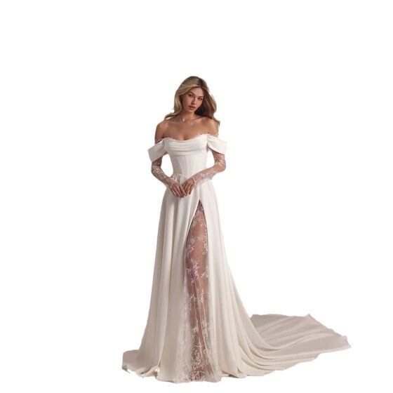 European and American Off-shoulder Evening Dress 2024 New High-end Light Luxury White Dress Slit Small Tail Light Wedding Dress for Women