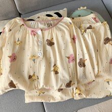 卡通波点小猪大码睡衣女春秋棉纱卡通圆领套头少女家居服现货批发
