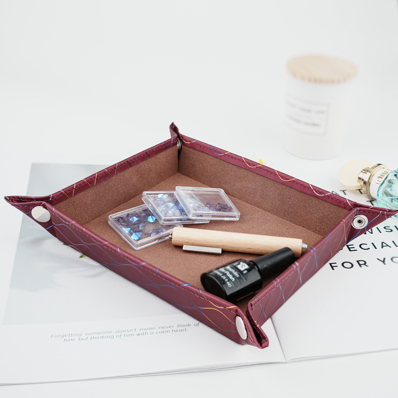 Transfronterizos para la nueva cesta de almacenamiento de cuero pu, bandeja de almacenamiento de escritorio, tela de lana de alta calidad, bandeja de manicuras al por mayor