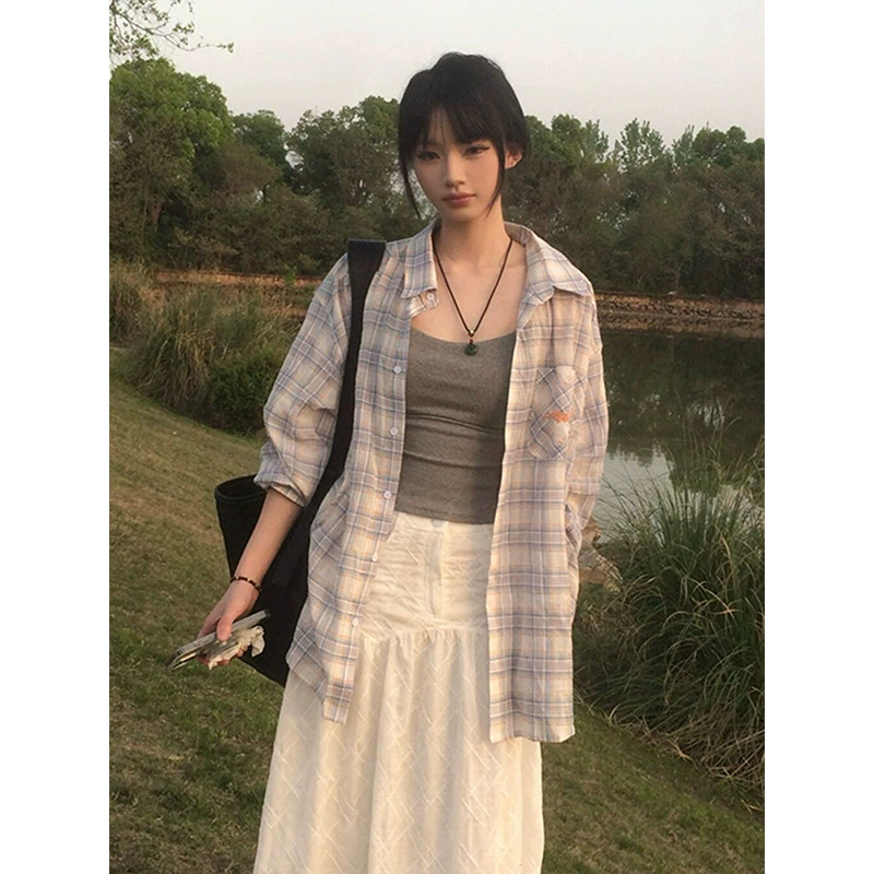 Новая американская клетчатая рубашка в стиле ретро, ​​женская летняя рубашка контрастного цвета с защитой от солнца, куртка для пары, свободный повседневный топ