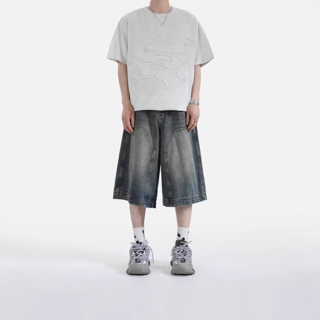 American Street Retro Washed Distressed Denim Shorts Men's Versatile Casual Loose Mid-Length Wide-Leg Cropped Pants Trendy