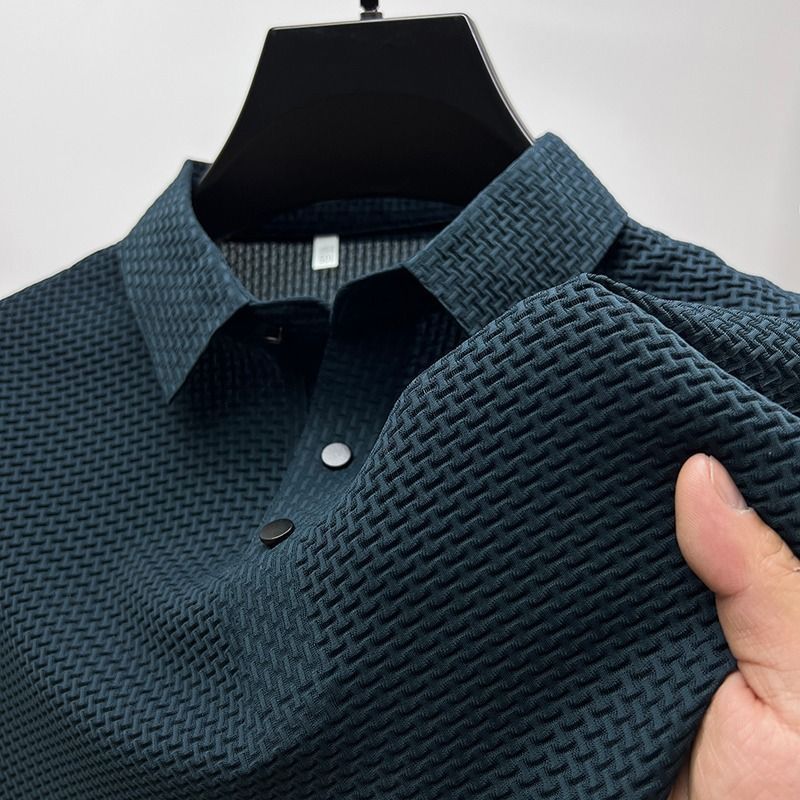 外国貿易ハイエンドアイスシルク半袖Tシャツメンズ夏薄いメッシュ通気性クールラペルシャツビジネストップトレンディ|undefined