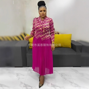 Miyaki Miyake Pleated Fashion Lapel Bronzing Printed Pleated Skirt dress Women's plus size Dress Cross Border