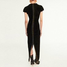 暗黑抽绳V裙开叉不规则纯色绒面长裙2025秋冬新款女装连衣裙 修身