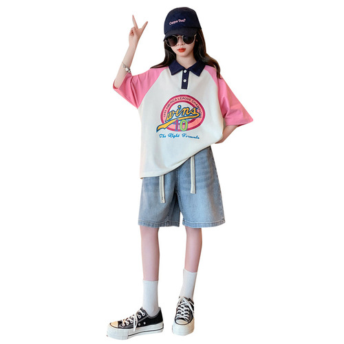 Girls' Short Sleeve T-Shirt  Stylish New Children's Summer Polo Neck Top Big Kids Retro Colorblock Half Sleeve Trendy T