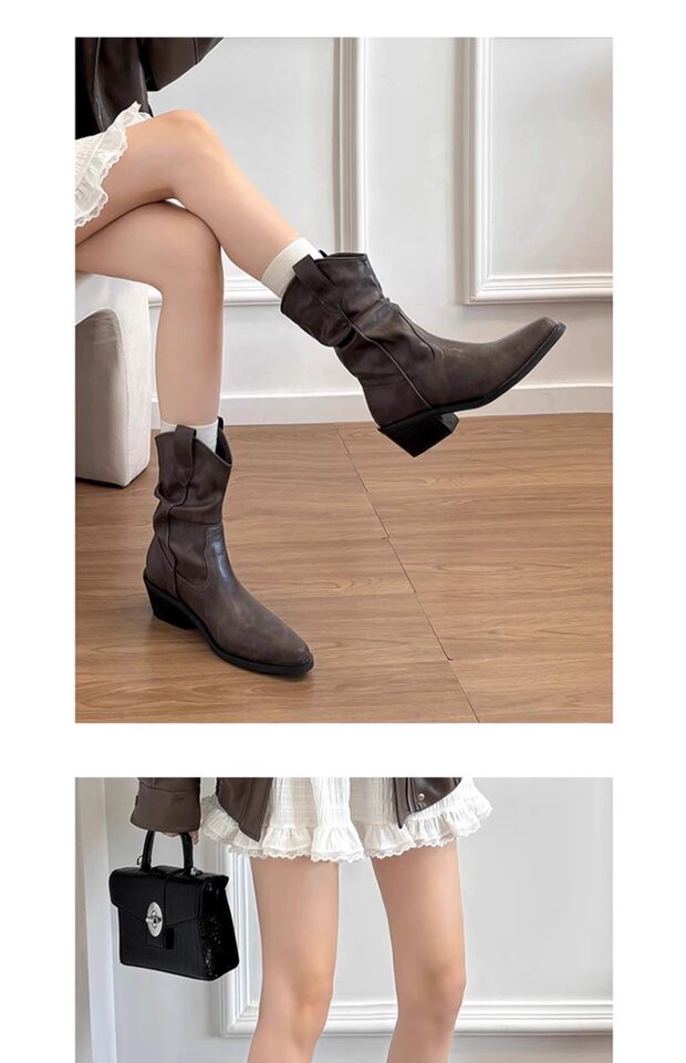 Bốt ngắn nữ mũi nhọn gót vừa 3–5 cm bằng da bò, kiểu bốt cao bồi — Màu đen, còn hàng, Đốm màu cà phê, Đốm mờ kaki, Đốm đen mờ chi tiết 12
