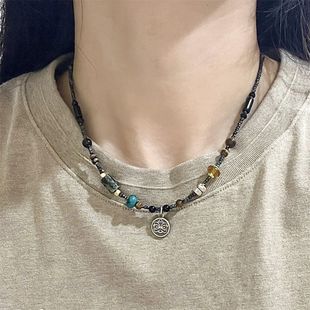 Natural Stone Ceramic Pendant Necklace Women's Niche Design Senior Student Accessories Retro Ethnic Style Sweatshirt Chain