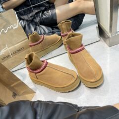 PRUGGI真皮雪地靴冬季厚底短筒加绒加厚防滑针织口保暖棉鞋松糕跟