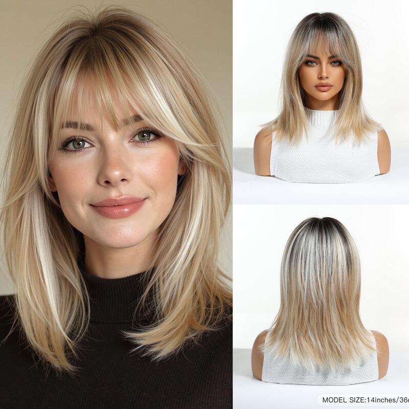 14inch Gradient Golden Brown Highlights with Air Bangs Wig, Natural Realistic Medium-Length Hair, European and American Style, Suitable for Daily Commuting, Cross-Border 14inch Gradient Golden Brown Highlights with Air Bangs Wig, Natural Realistic Medium-Length Hair, European and American Style, Suitable for Daily Commuting, Cross-Border