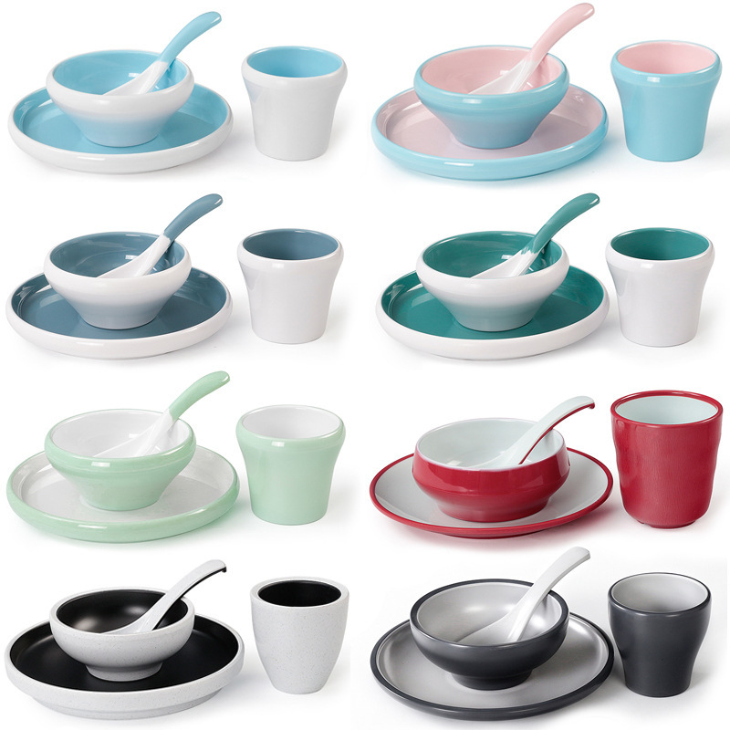 A5 Melamine Tableware and Dishes Four-Piece Table Setting Set Imitation Porcelain Restaurant Hot Pot Commercial Bowl Spoon Cup Plate Thickeneded