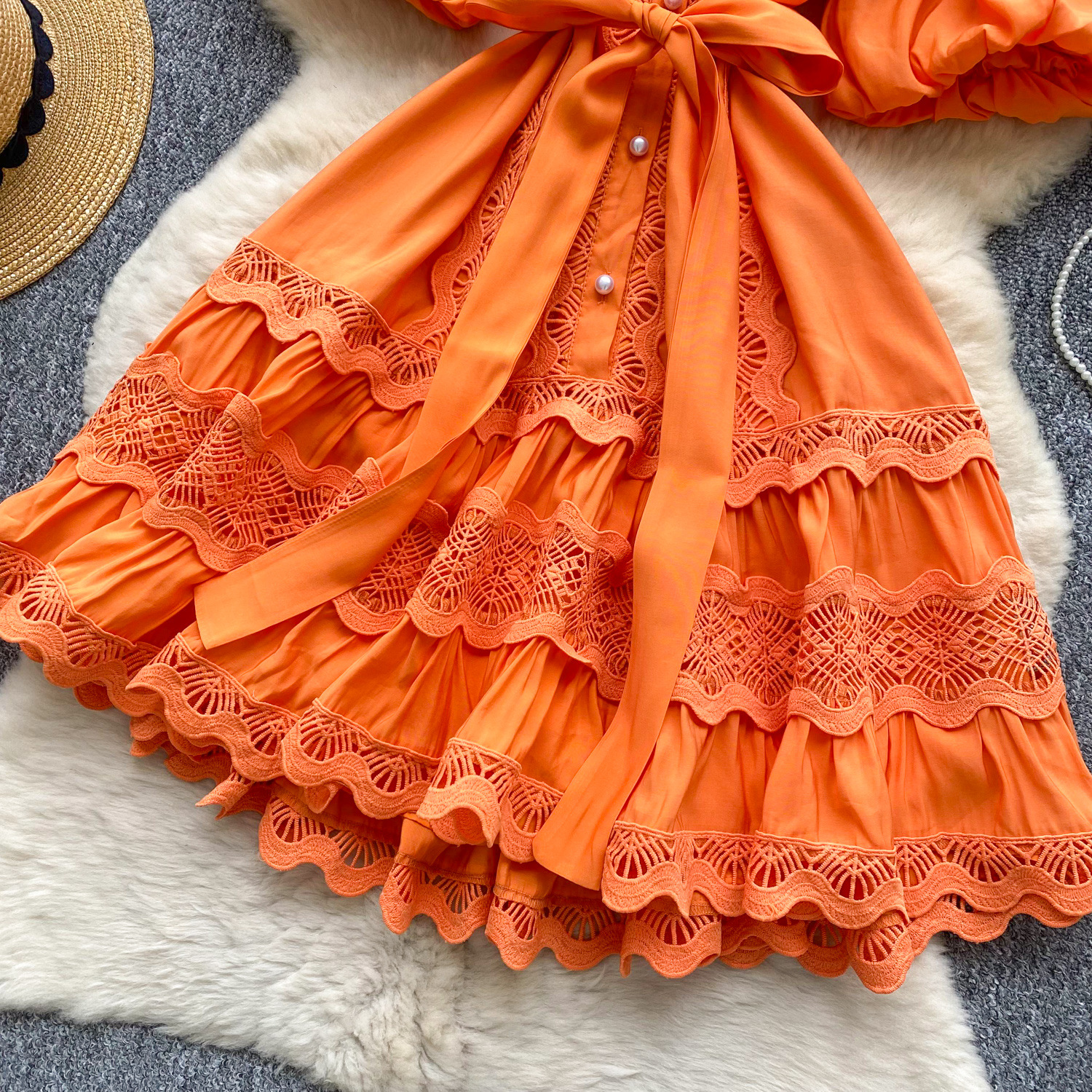 Women's Clothing Retro Palace Fashionable Lace Splicing Tie Waist Dress Lantern Sleeve Slim Temperament A Line Skirt_ecoleips.com