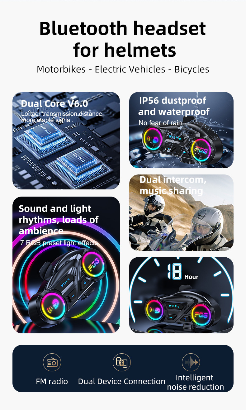 Y13Pro Intercom Helmet Bluetooth Headset Waterproof Noise Reduction Mixing Music Motorcycle Intercom Helmet Headset Factory
