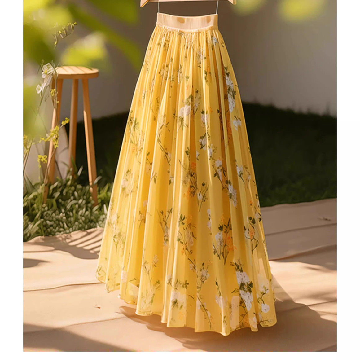 2025 New Summer Skirt Floral Chiffon Elegant Mid-Length Skirt Yellow Printed Skirt High Waist Skirt