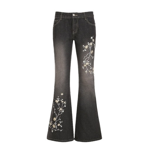American retro women's high street hot pants slimming taper pants with plant embroidery low-rise long pants with a sense of design