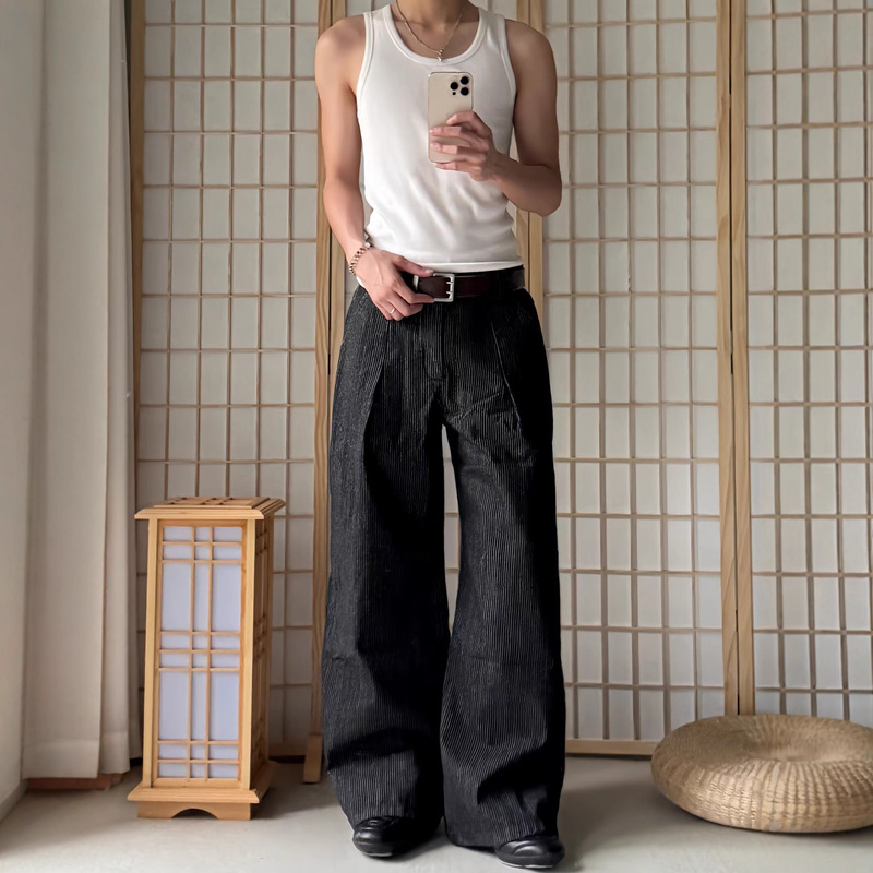 Original Three-Fold Striped Denim Jeans for Men, Old Money Style A-Line Scimitar Wide-Leg Pants, Loose Casual Commuter Dress Pants