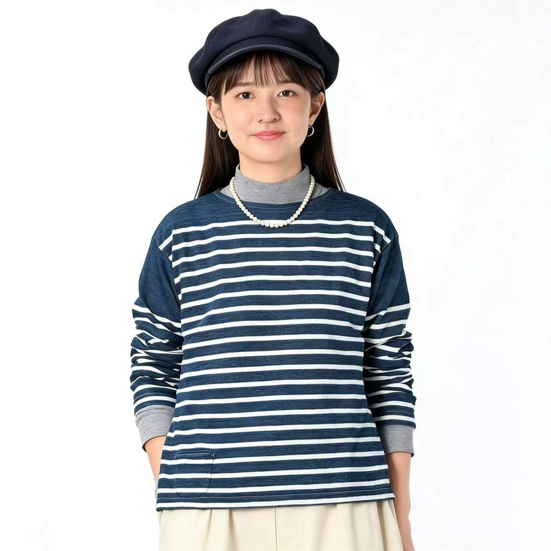 Directly Supplied from the Original Factory, Export Clothing in Indigo Color, Model Cc45R, with Slit at the Hem, Basque Stripe T-Shirt, Same Style for Couples, Long-Sleeved Directly Supplied from the Original Factory, Export Clothing in Indigo Color, Model Cc45R, with Slit at the Hem, Basque Stripe T-Shirt, Same Style for Couples, Long-Sleeved
