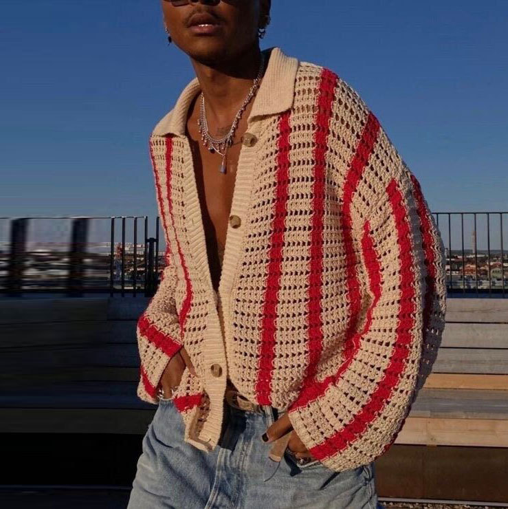SweaterCrochet StripedThread Lapel Knit Cardigan