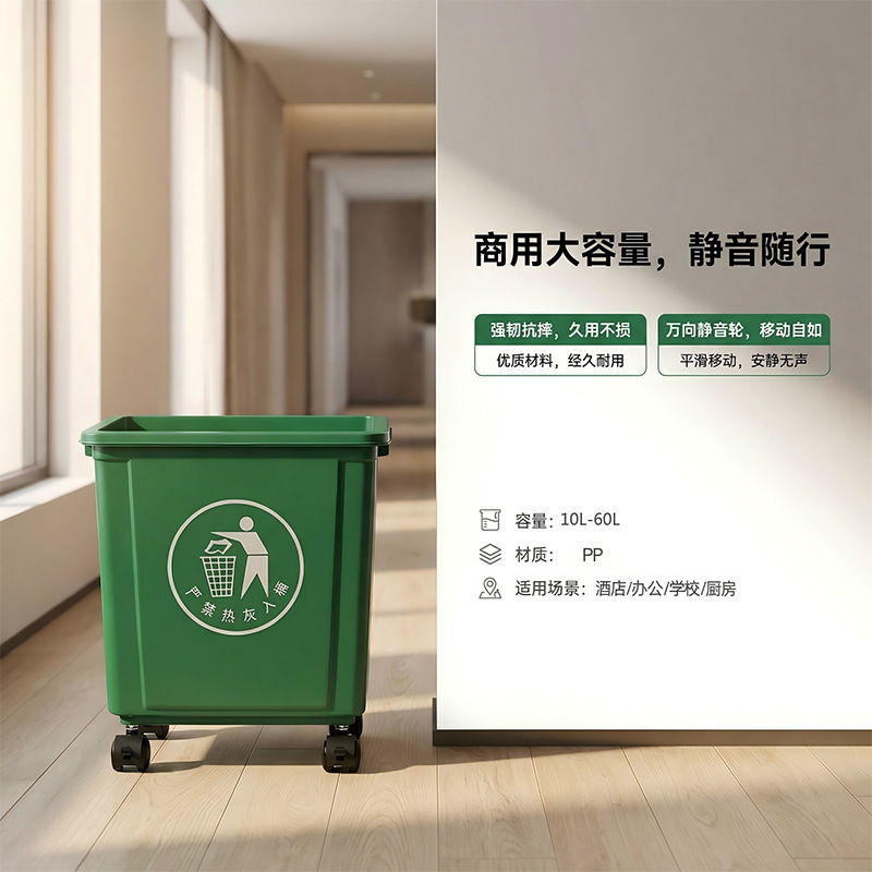 Classified Trash Cans, Commercial Plastic Bins with Wheels and No Lid, Multi-Colored Large-Capacity Trash Bins for Hotel Kitchens, Food Waste, and Toilets