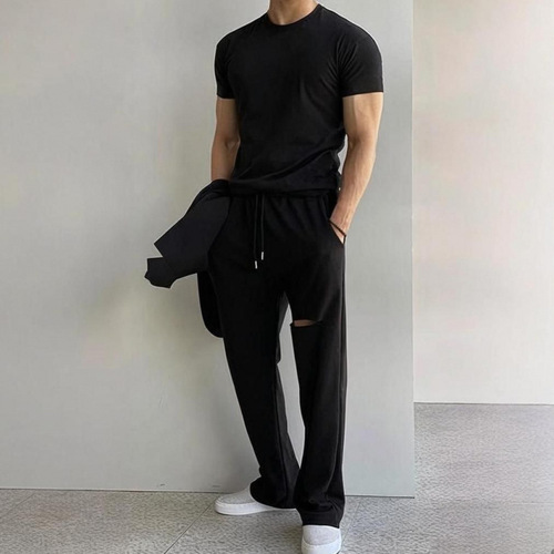 Short-sleeved men's summer simple solid-color slim-fit breathable T-shirt, Korean-style trendy brand fashion black crewneck top that highlights muscles.