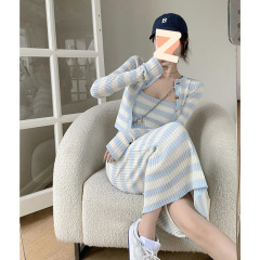 韩版休闲时尚套装女气质御姐风!针织吊带连衣裙女秋季条纹中长裙