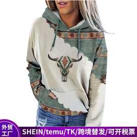 欧美跨境文艺复古牛头3d印花连帽卫衣女装休闲时尚长袖套头帽衫