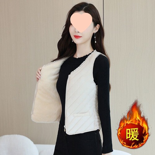 Women's Fleece Lined Thick Zipper Winter Cardigan Warm Inner Wear Commuting Chinese Cotton Vest Sleeveless Fashion Cotton Backless Shirt
