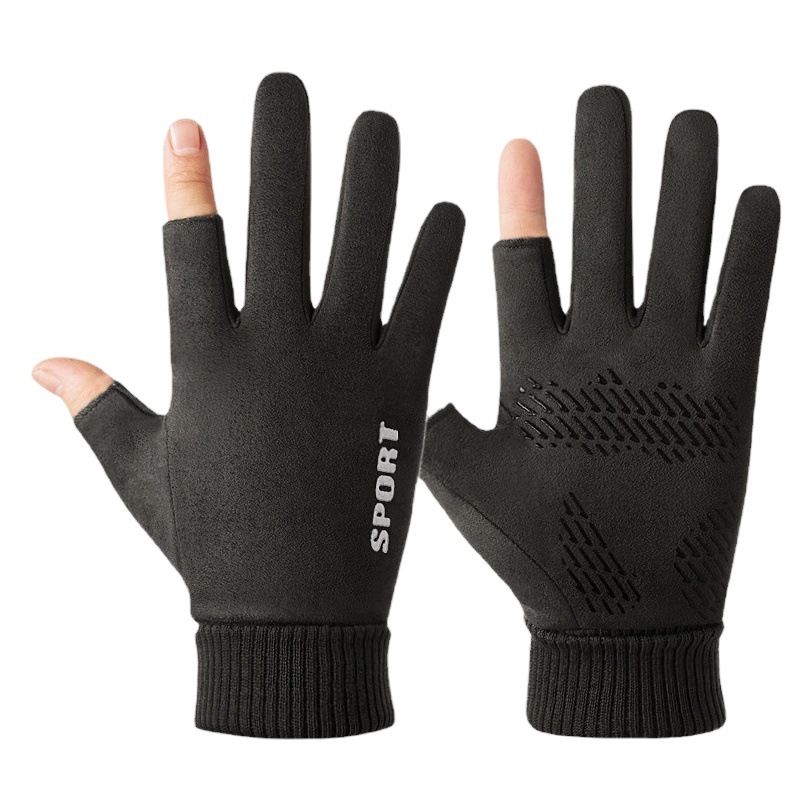 Guantes térmicos gamuza hombres y mujeres forrados de lana al aire libre conducción antideslizante dos dedos medio dedo pantalla táctil Otoño e Invierno guantes