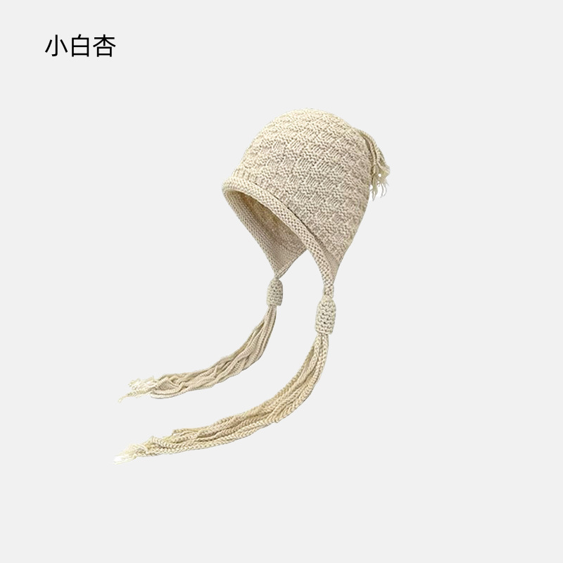 2025新款时尚贴布流苏红色毛线帽子女士秋冬季保暖手工辫子针织帽|undefined