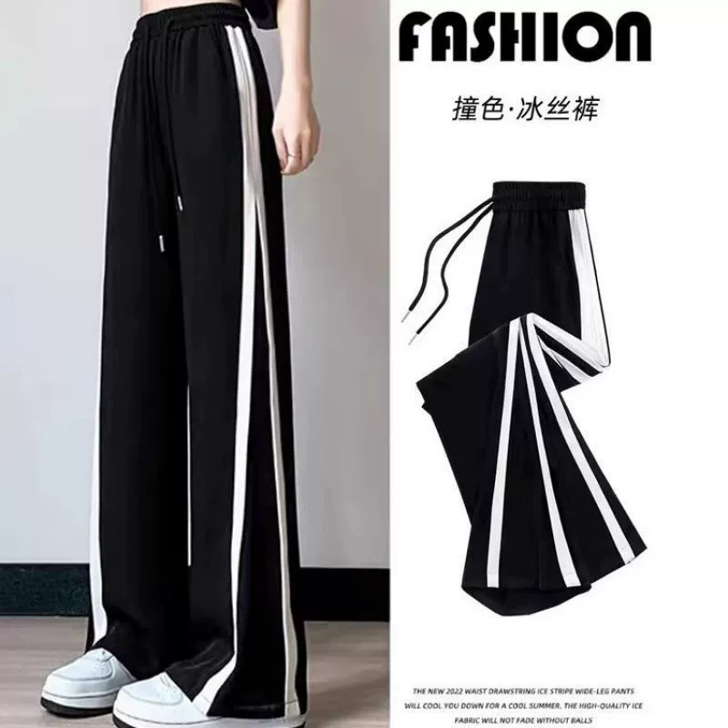 Женские спортивные брюки из ледяного шелка, летний тонкий новый стиль, прямые свободные повседневные черные весенне-осенние узкие широкие брюки