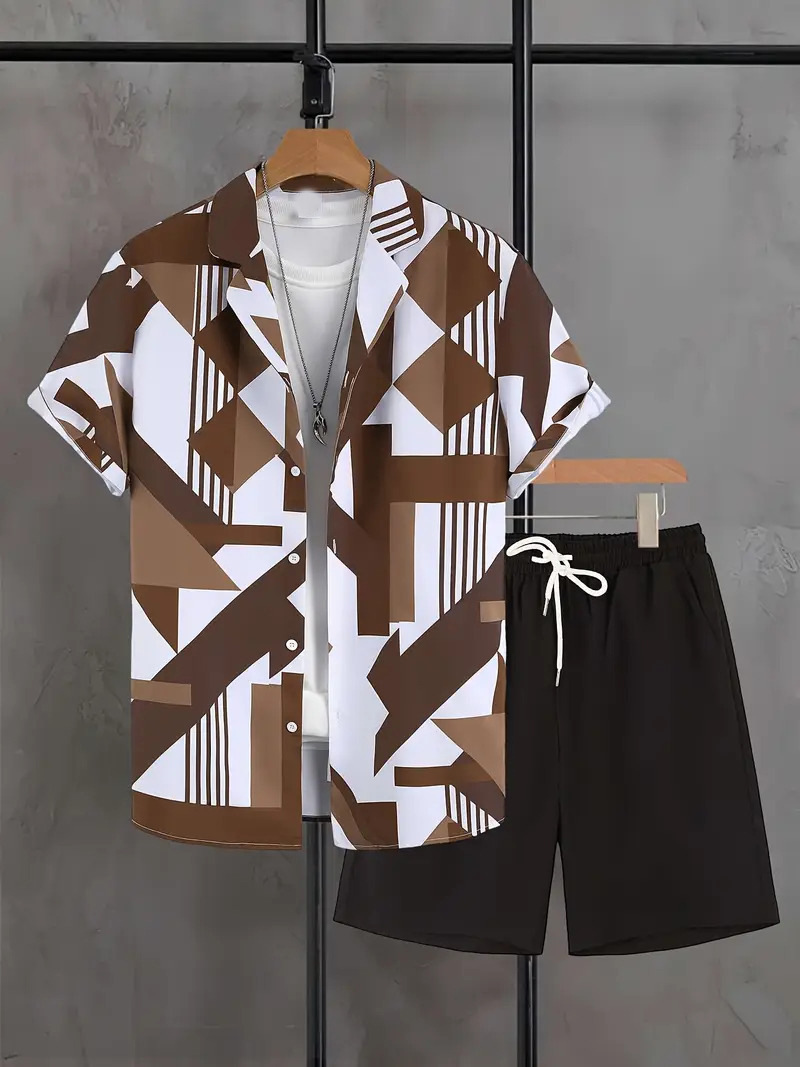 Transfronterizo 2024 nuevo estilo Amazon moda europea y americana casual todo fósforo manga corta cuello cubano pantalones cortos traje MB05 MA1