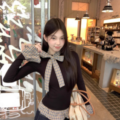 假两件格纹拼接内搭长袖T恤女2025秋季新款荷叶边显瘦别致打底衫