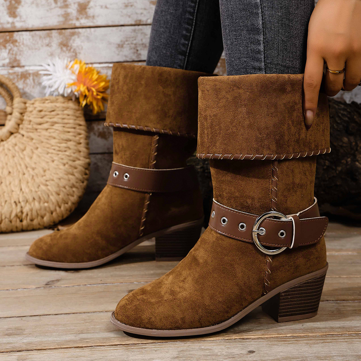 Women's Winter Belt Buckle Turn Up Mid Heel Riding Boots Chunky Heel Plus Size Western Mid Calf Boots_voghion.com