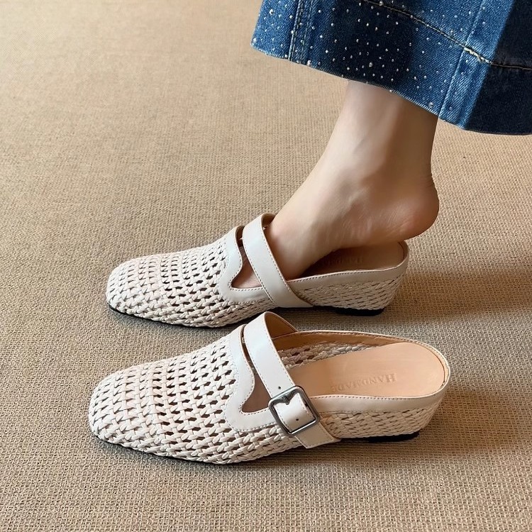 Woven summer belt made of sheepskin leather wedge heel