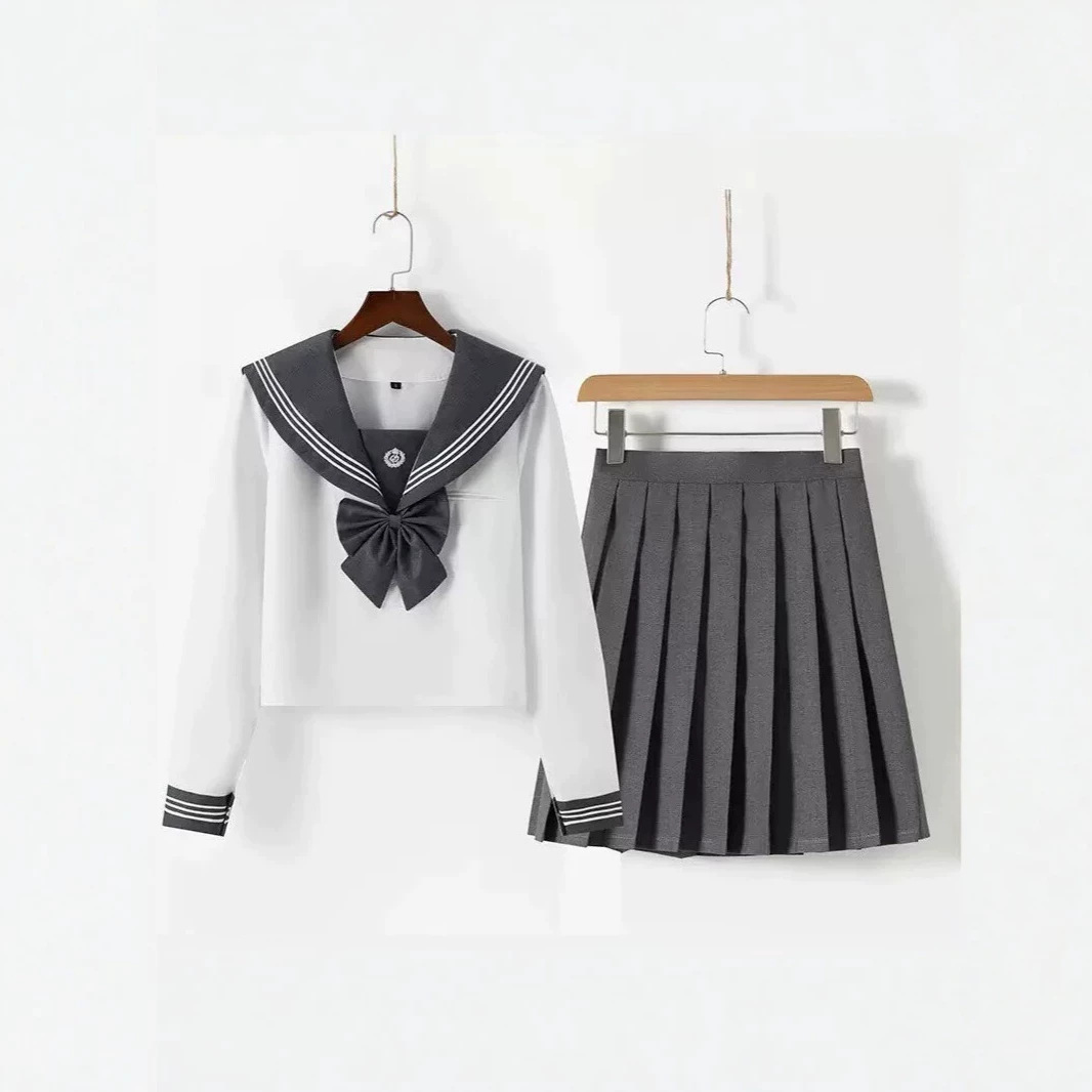 Authentic Japanese JK uniform, basic style, gray collar, white trim, sailor-style, with a traditional Japanese collar, and a preppy, collegiate look