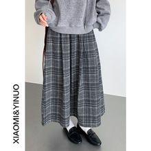 【欧凡】学院风复古格子毛呢百褶松紧腰半身裙秋冬休闲a字裙11008
