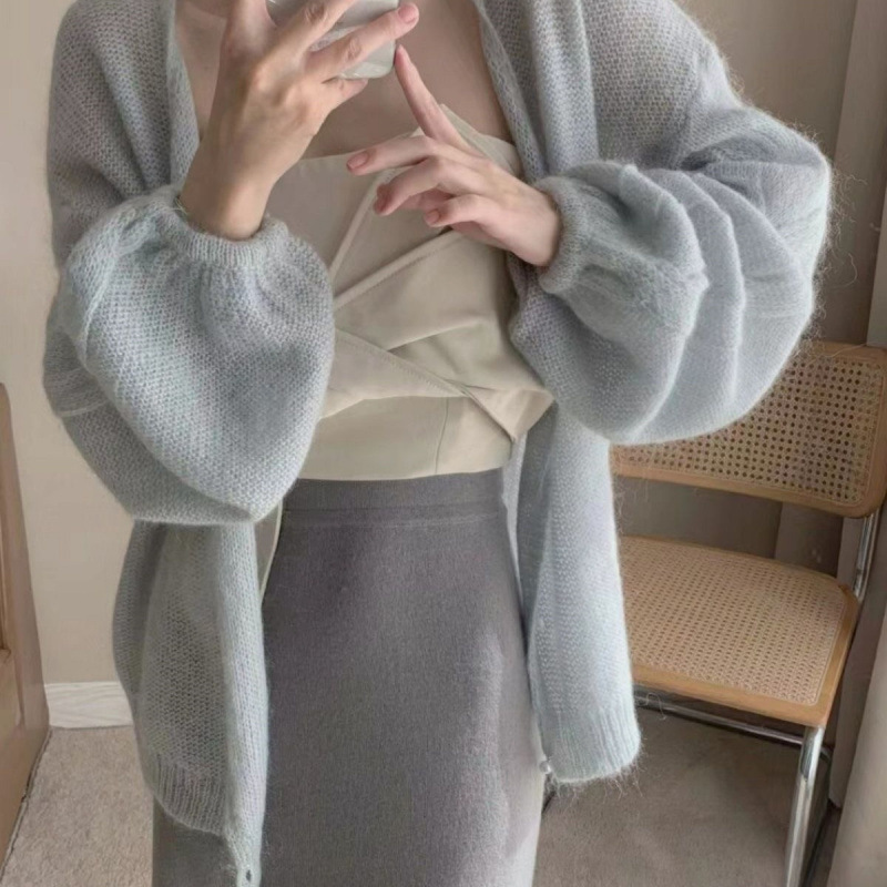软糯蓝马海毛针织开衫女春秋款新款慵懒风宽松毛衣外套色上衣|undefined