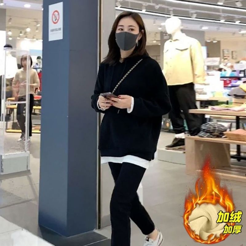 卫衣女秋冬季宽松连帽中长款大码显瘦新款加绒加厚假两件上衣减龄|undefined