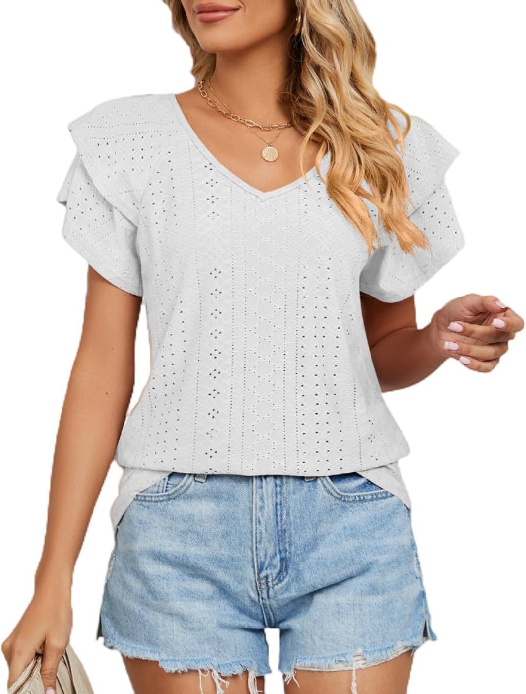 2025 transfronterizos Europa y América primavera y verano nuevo cuello hueco collar manga de hoja de loto camiseta de manga corta camiseta casual chaqueta de mujer