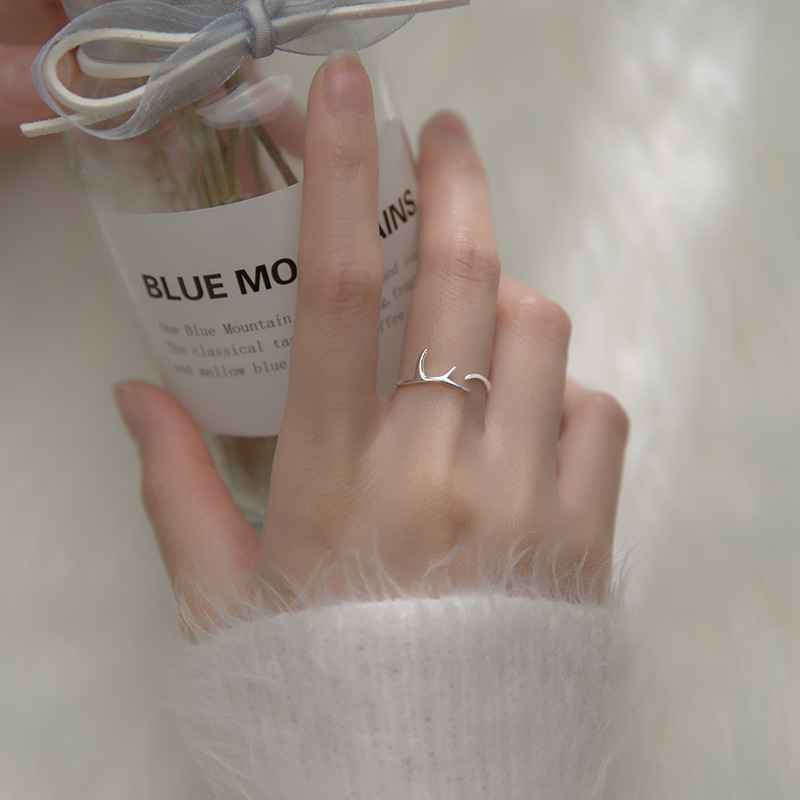 Silver-plated Ring Women's Korean-style Simple Gloss Open Small Fresh Branch Branch Bud Antler Hand Jewelry Ring Copper Japanese and Korean Style