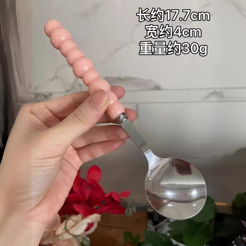 网红不锈钢彩色珍珠柄勺子塑料柄圆勺家用饭勺调羹勺蛋糕勺甜品勺|undefined