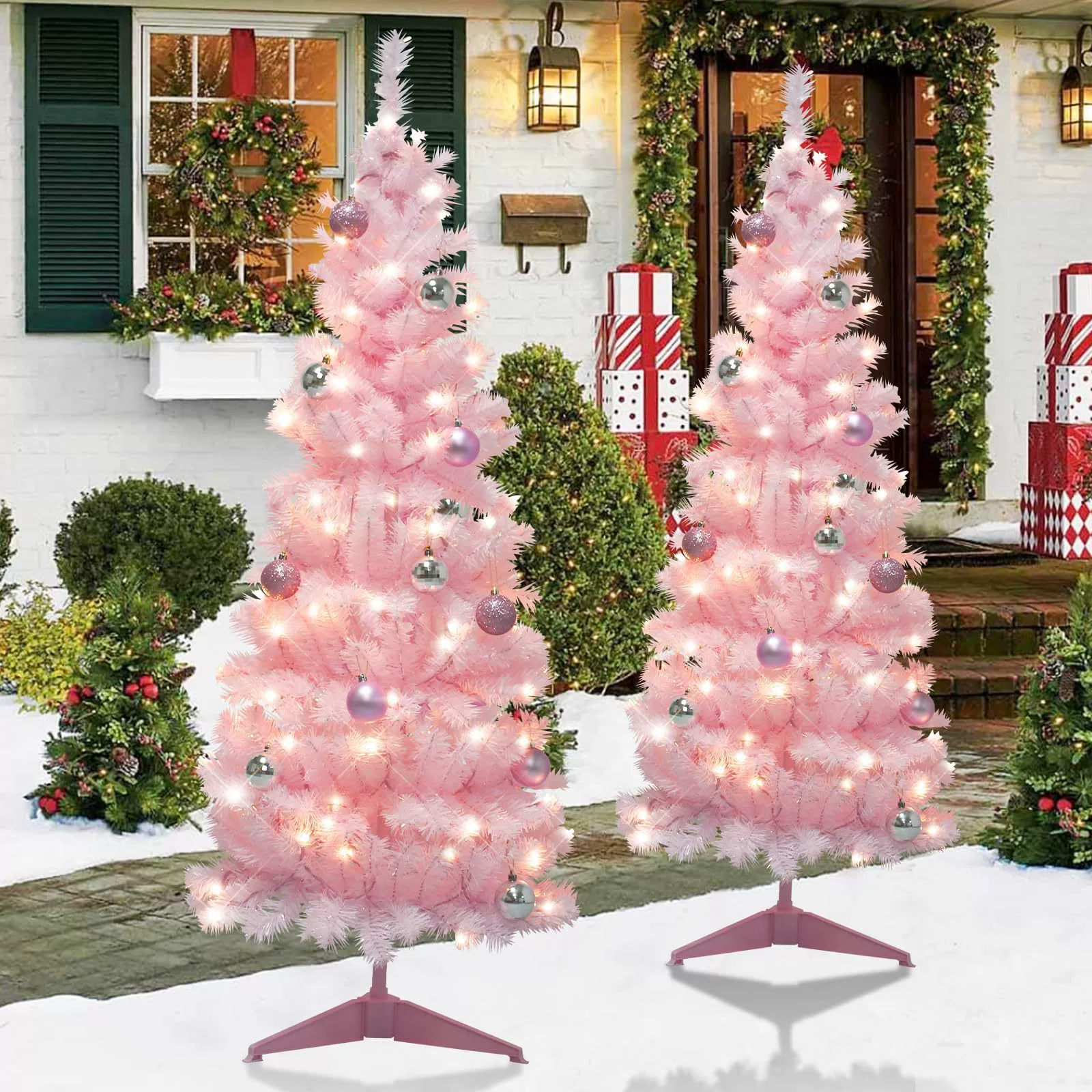 Новая 5-футовая розовая светящаяся рождественская елка Amazon с шариками подходит для декоративных украшений внутри и снаружи помещений.