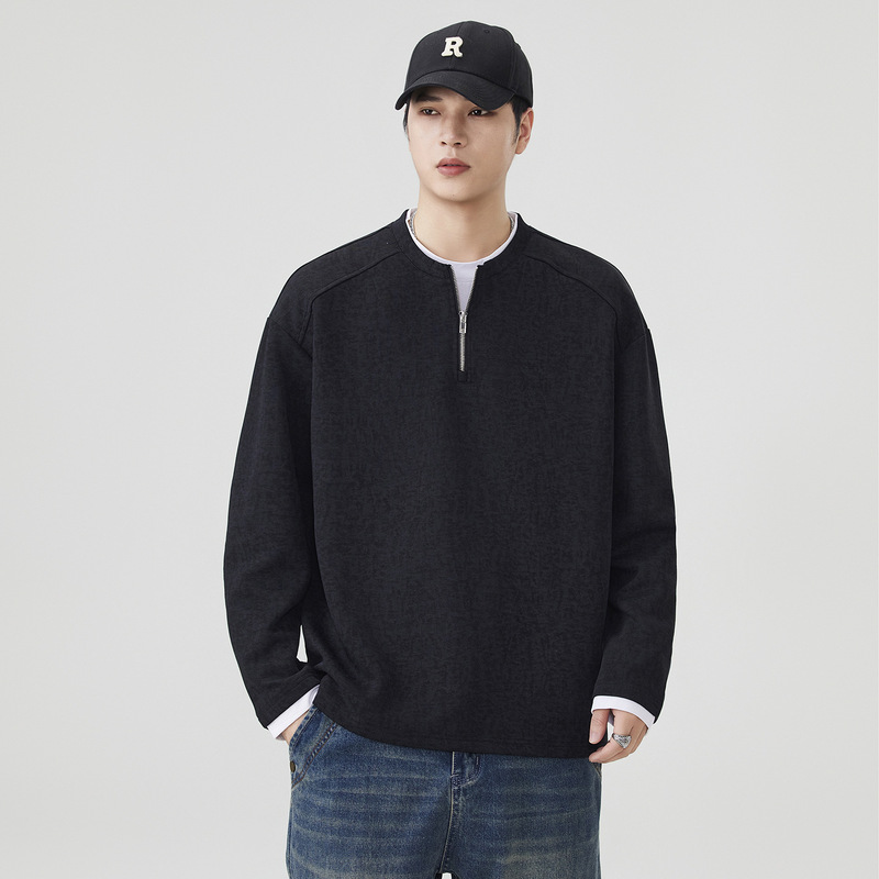2025 Autumn and Winter New Trendy Brand Heavyweight Round Neck Sweatshirt Men's Pullover Zipper Fake Two-Piece Long-Sleeved Top Bottoming Shirt